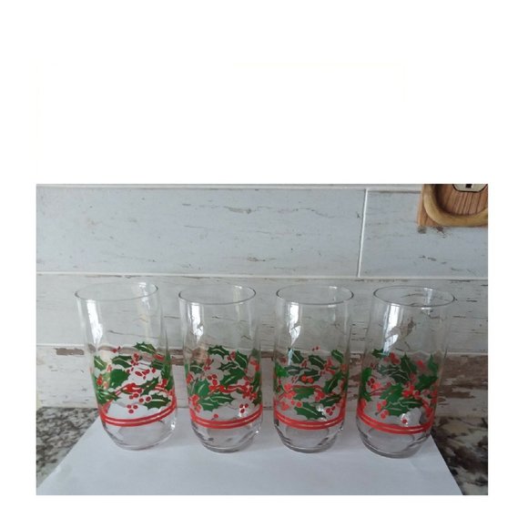 Set 4 Holly Berry Christmas Holiday Glass Tumblers Swirl Double Red Stripe Bands - Picture 1 of 3